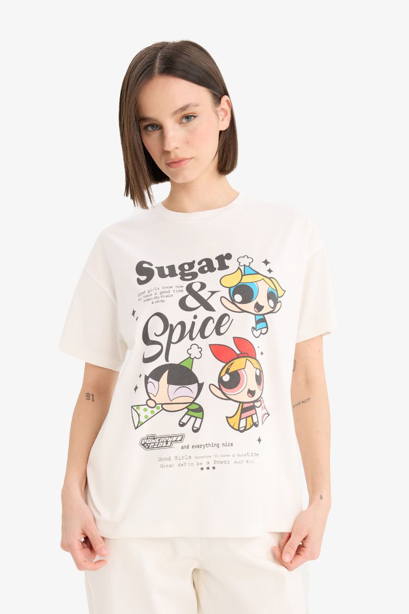 FEMME Blanc T-shirt oversize imprimé PowerPuff Girls à col rond et manches courtes