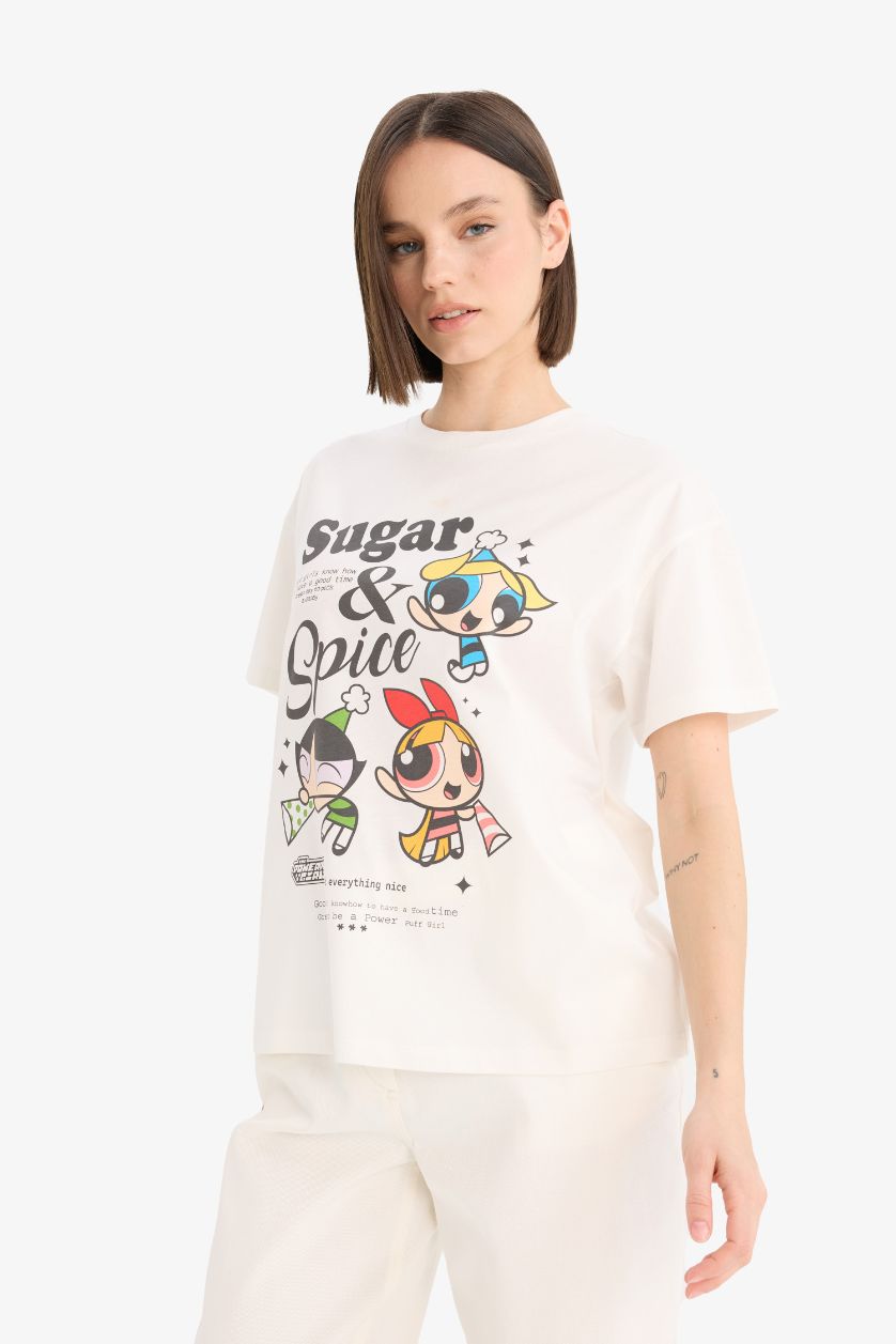 FEMME Blanc T-shirt oversize imprimé PowerPuff Girls à col rond et manches courtes
