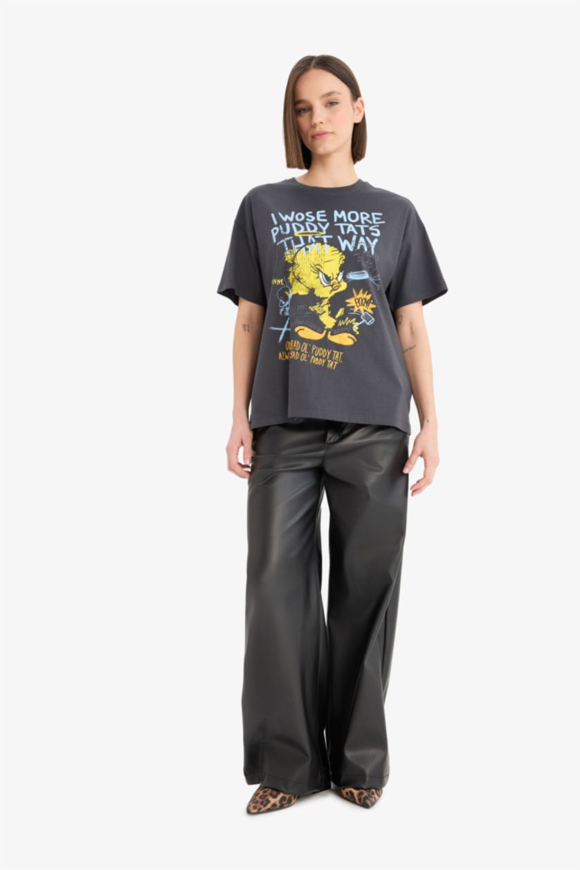 Женщины Антрацит Coool Looney Tunes oversize футболка с круглыми воротами и принтом