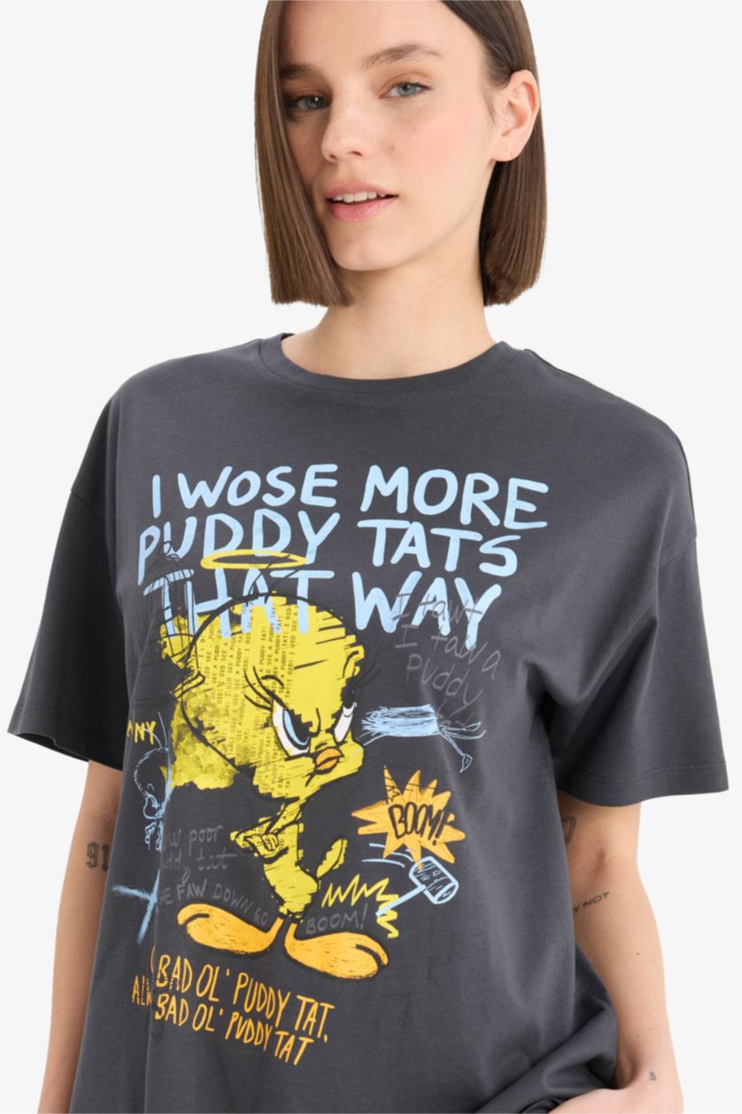 Женщины Антрацит Coool Looney Tunes oversize футболка с круглыми воротами и принтом