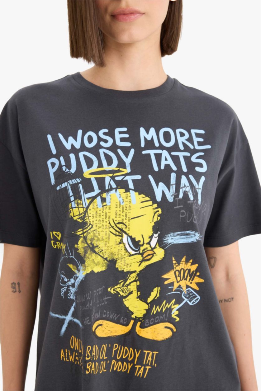 Женщины Антрацит Coool Looney Tunes oversize футболка с круглыми воротами и принтом