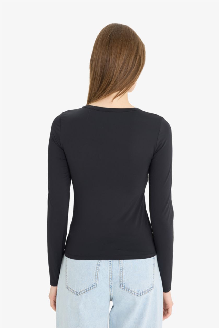 Женщины Черный Слим фит, базовая однотонная футболка с длинными рукавами