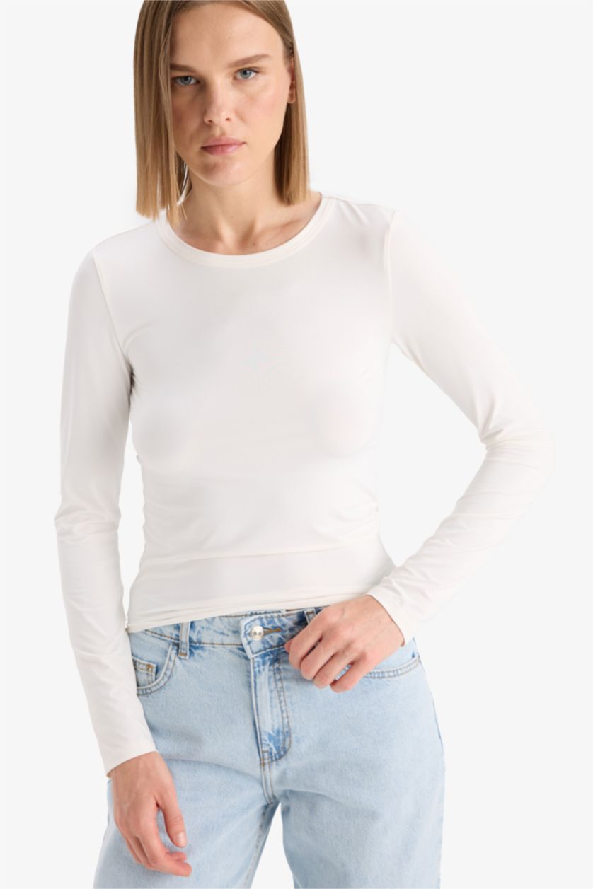 Женщины Бежевый Слим фит, базовая однотонная футболка с длинными рукавами