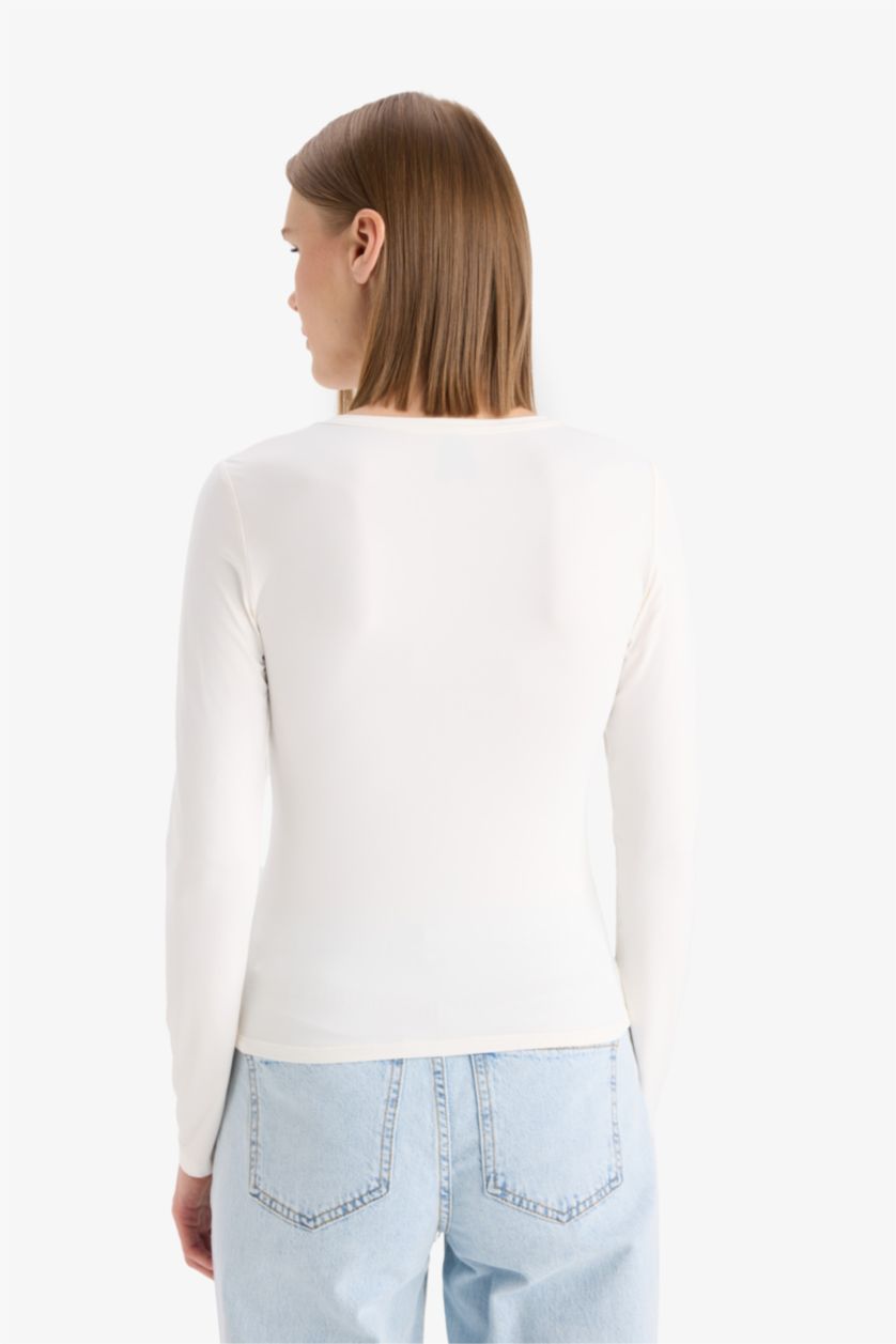 Женщины Бежевый Слим фит, базовая однотонная футболка с длинными рукавами