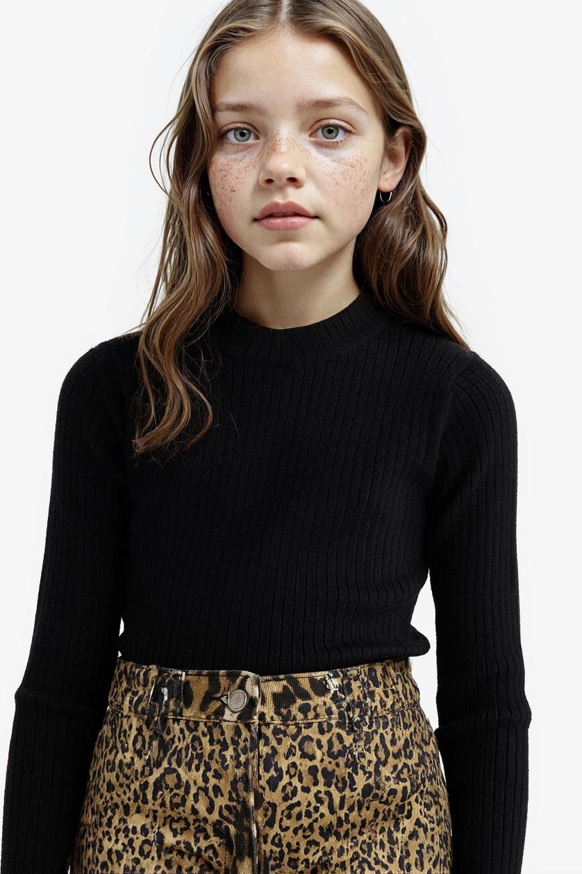 GIRLS & TEENS Black Girl Slim Fit Crew Neck Knit Pullover