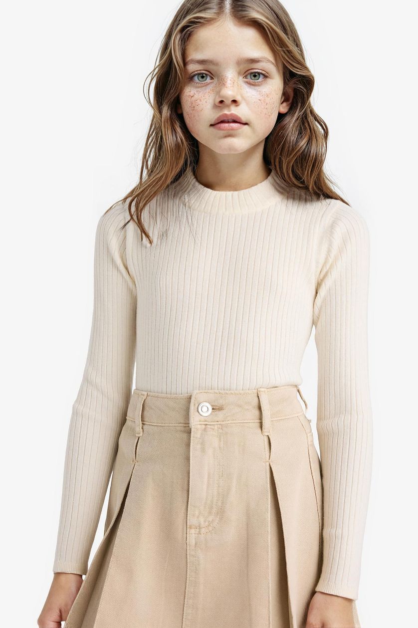 GIRLS & TEENS Ecru Girl Slim Fit Crew Neck Knit Pullover