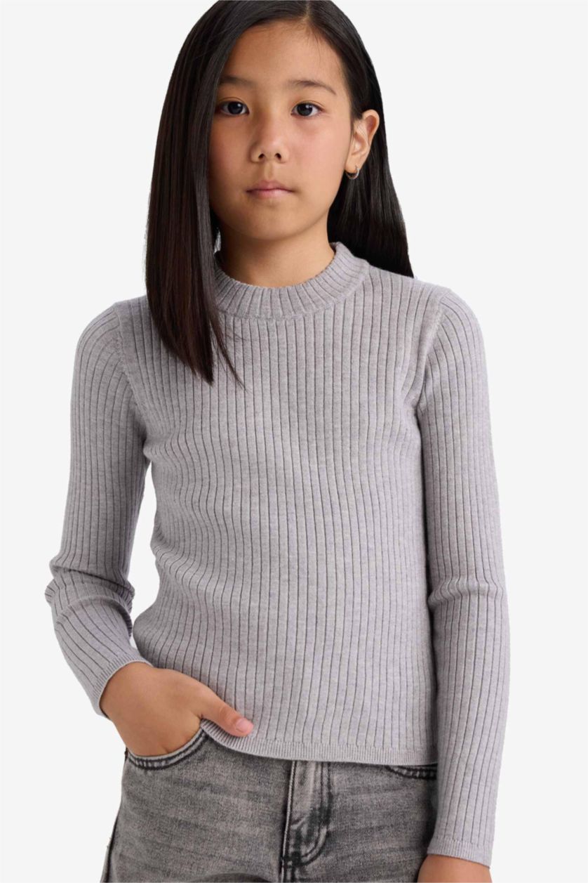 GIRLS & TEENS Light Grey Melange Girl Slim Fit Crew Neck Knit Pullover