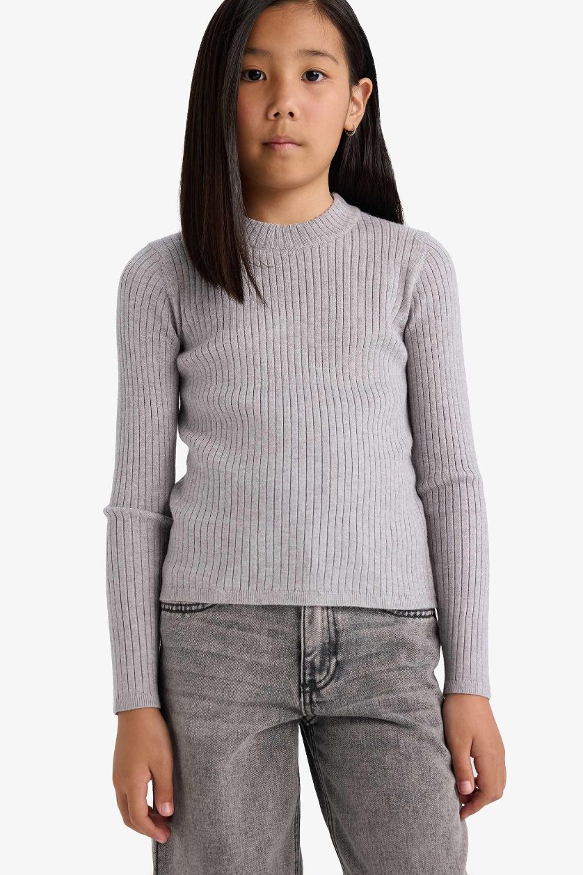 GIRLS & TEENS Light Grey Melange Girl Slim Fit Crew Neck Knit Pullover
