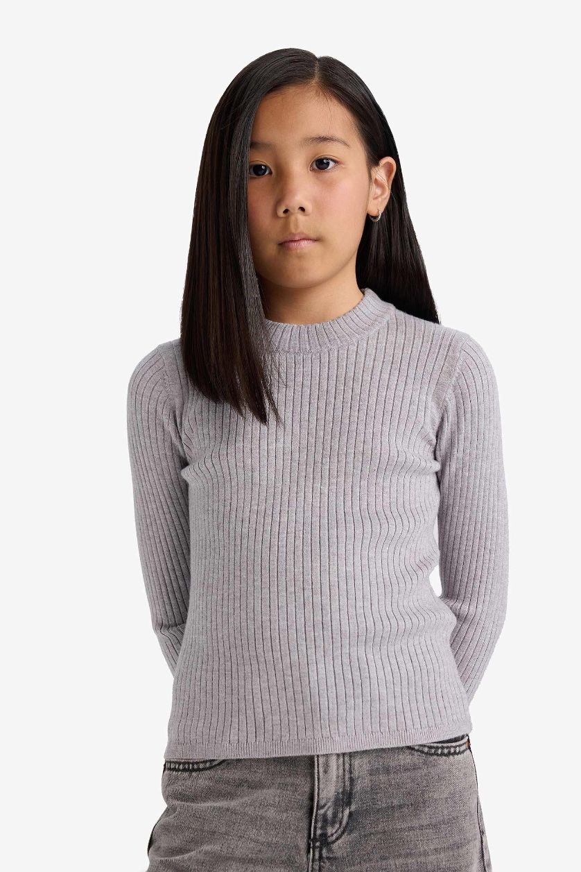 GIRLS & TEENS Light Grey Melange Girl Slim Fit Crew Neck Knit Pullover
