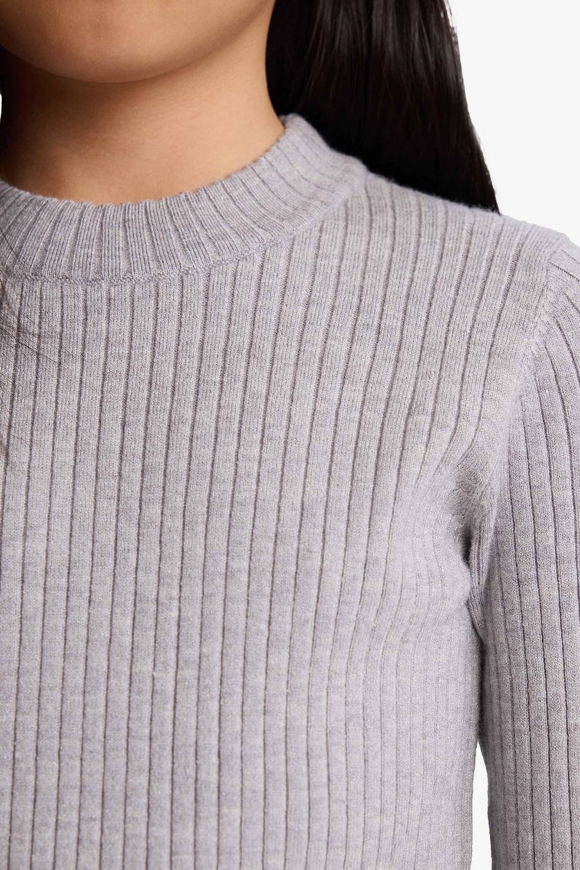 GIRLS & TEENS Light Grey Melange Girl Slim Fit Crew Neck Knit Pullover