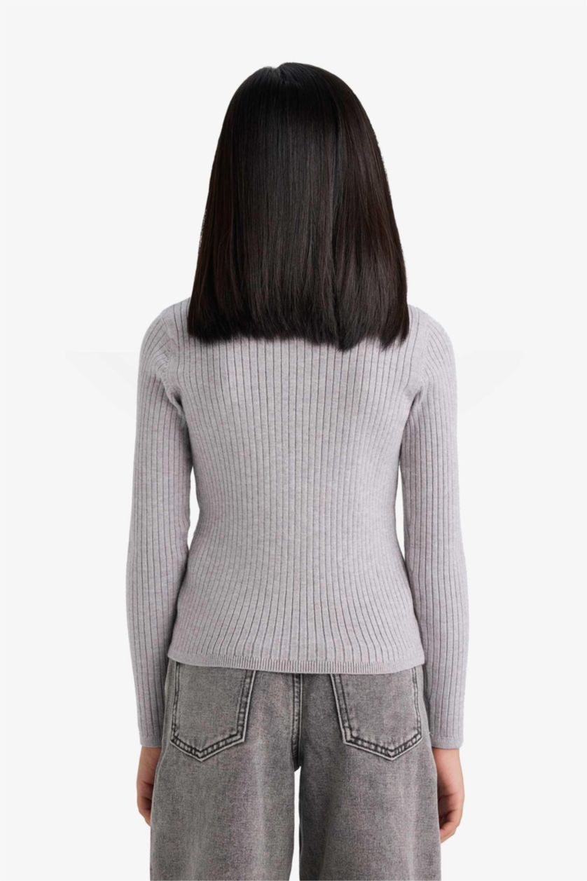 GIRLS & TEENS Light Grey Melange Girl Slim Fit Crew Neck Knit Pullover