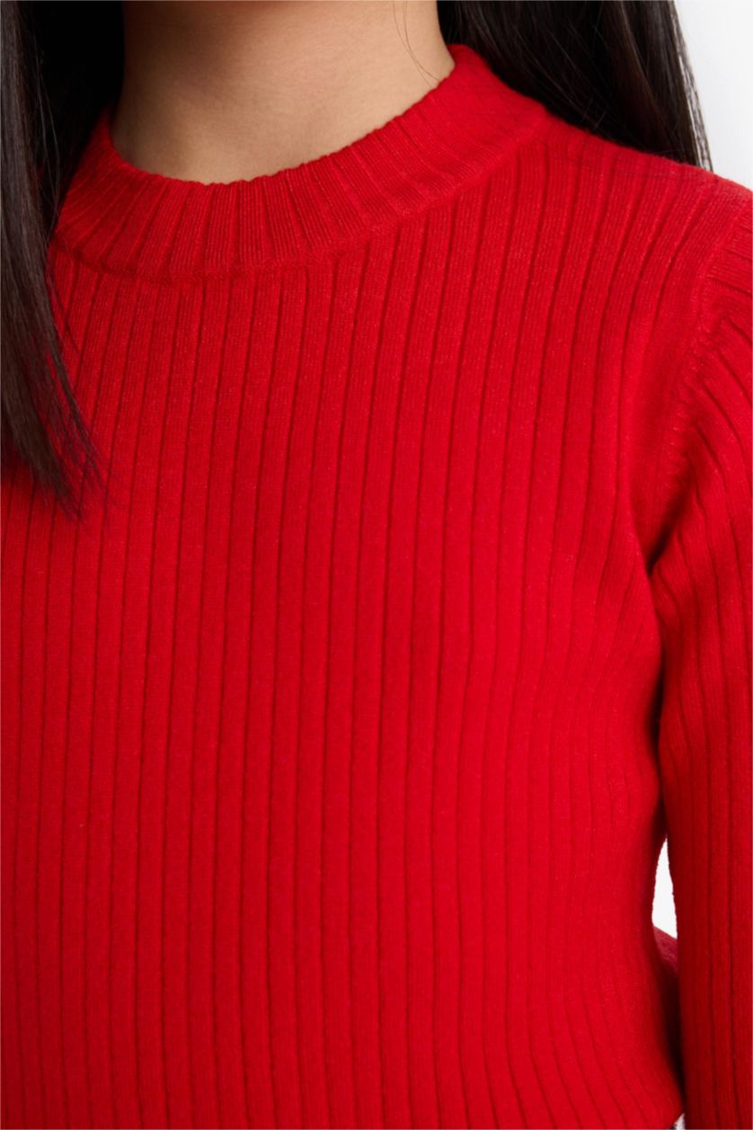 Kız Çocuk - Genç Kız Kırmızı Fitted Bisiklet Yaka Triko Kazak Kız Çocuk