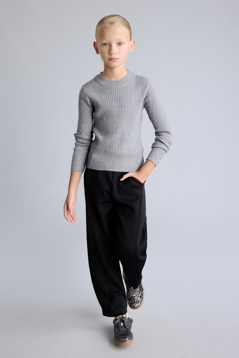 Girls & Teens Light Grey Melange Girls Fitted Crew Neck Knitted Sweater