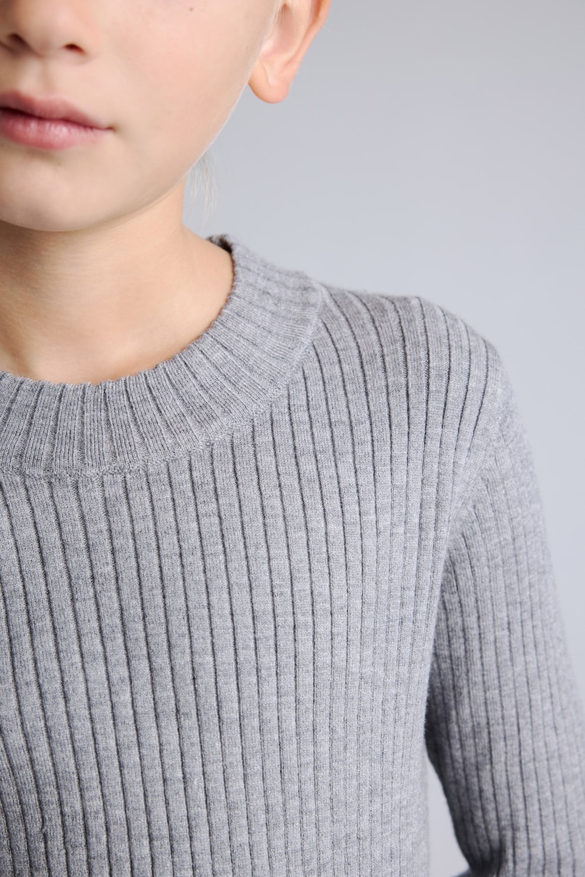 Girls & Teens Light Grey Melange Girls Fitted Crew Neck Knitted Sweater