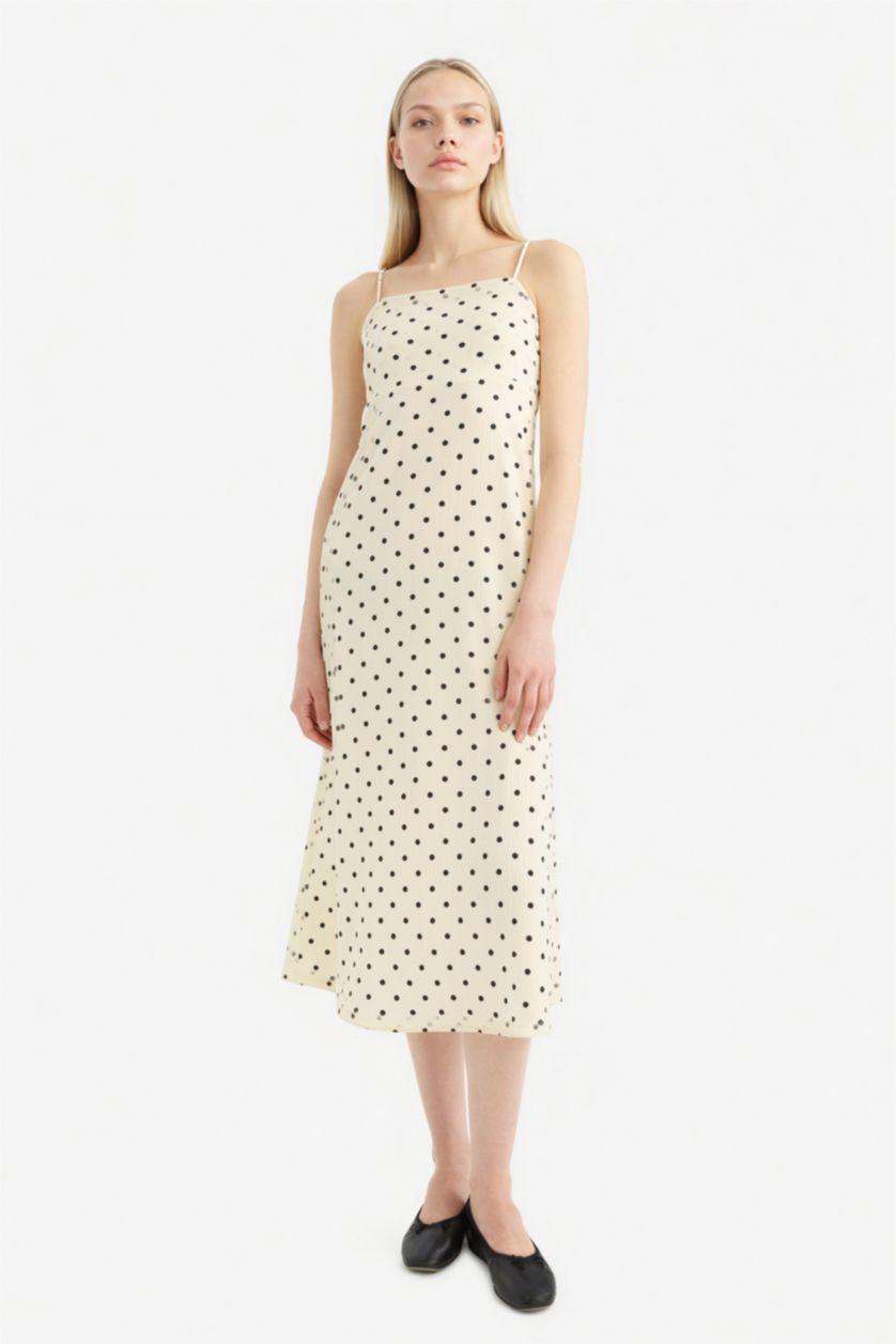 Kadın Açık Sarı U Yaka Puantiyeli Bürümcük Askılı Maxi Elbise