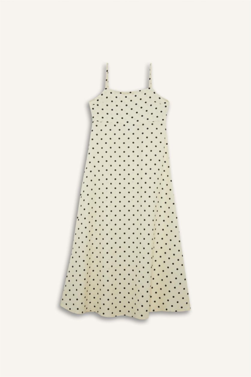 Kadın Açık Sarı U Yaka Puantiyeli Bürümcük Askılı Maxi Elbise