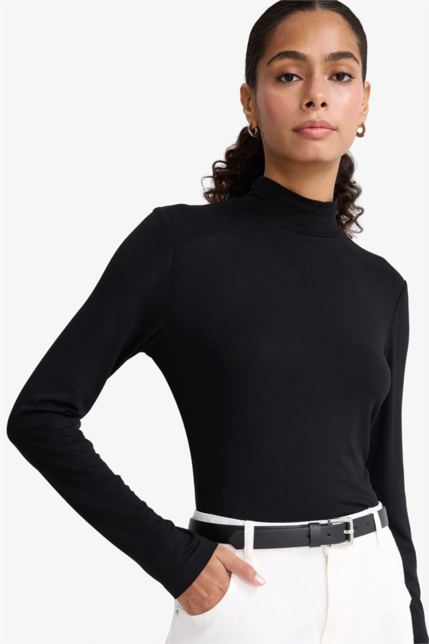 Әйелдерге қара Узкий покрой, тесный крой, водолазка, базовая, простая длинный рукав, футболка