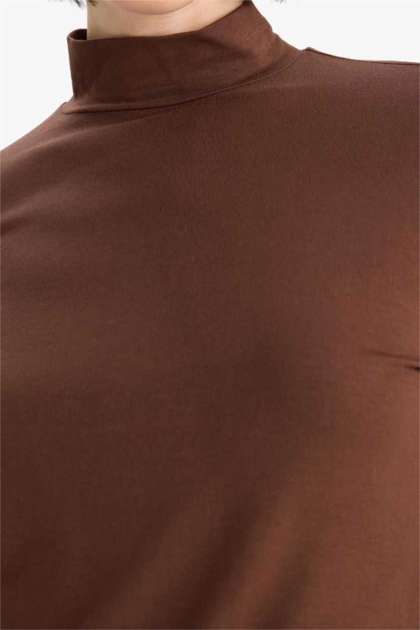 Женщины Коричневый Облегающая футболка с длинным рукавом и воротником-поло