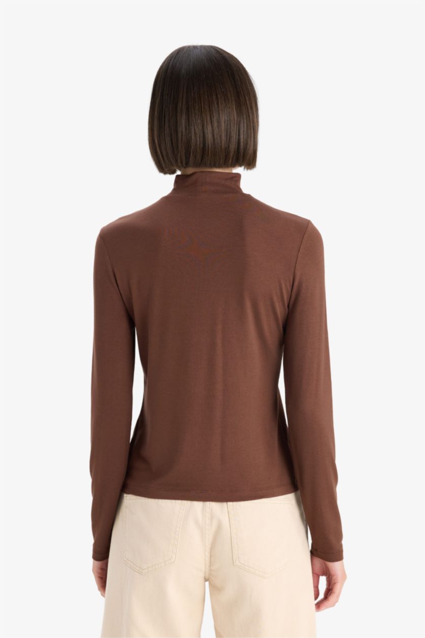 Женщины Коричневый Облегающая футболка с длинным рукавом и воротником-поло