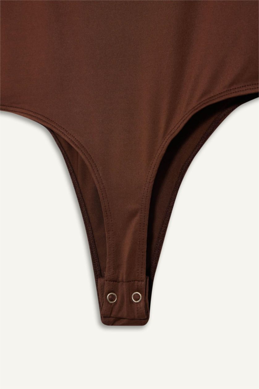 Женщины Коричневый Облегающая футболка с длинным рукавом и воротником-поло