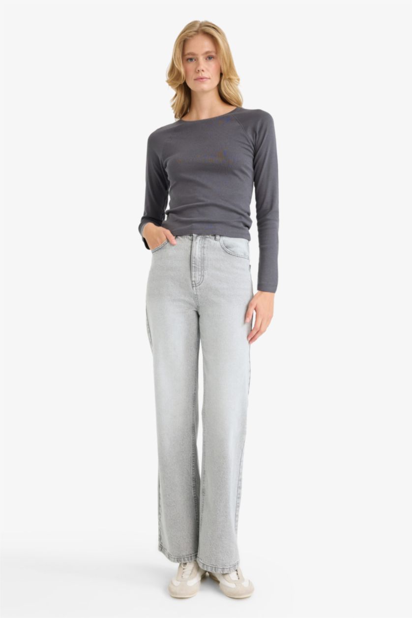 Женщины Антрацит Обтягивающая футболка slim-fit с круглым вырезом и длинными рукавами из рубчика