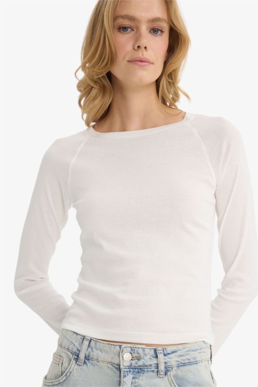 Әйелдерге экру Обтягивающая футболка slim-fit с круглым вырезом и длинными рукавами из рубчика