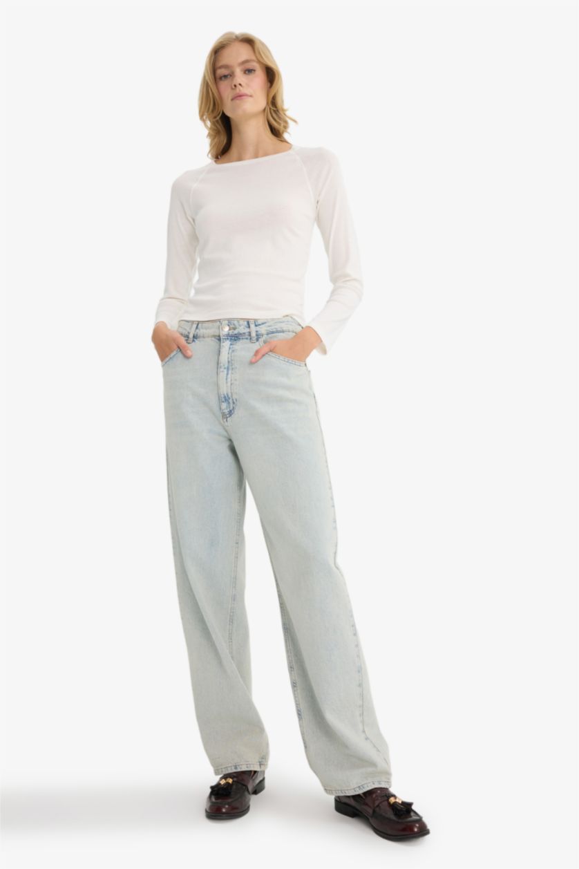 Әйелдерге экру Обтягивающая футболка slim-fit с круглым вырезом и длинными рукавами из рубчика