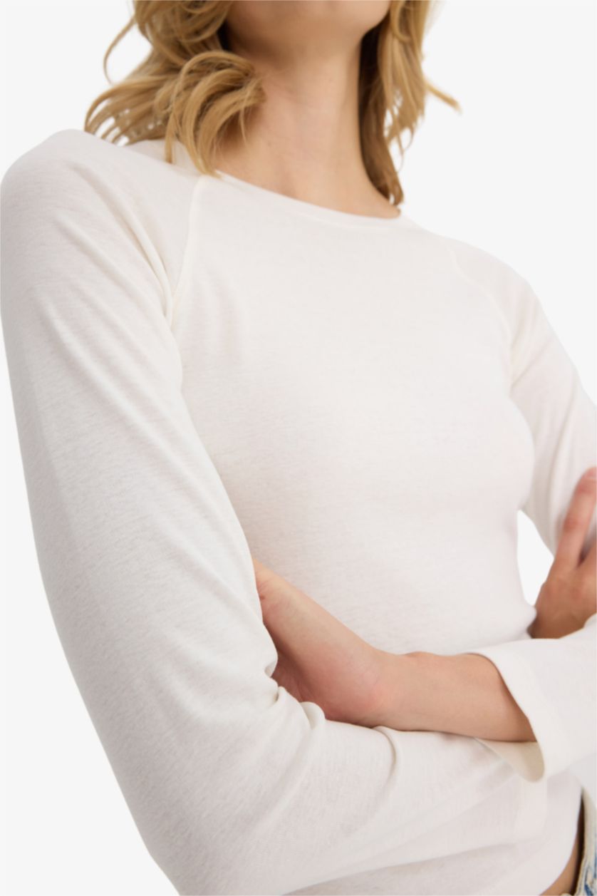 Әйелдерге экру Обтягивающая футболка slim-fit с круглым вырезом и длинными рукавами из рубчика