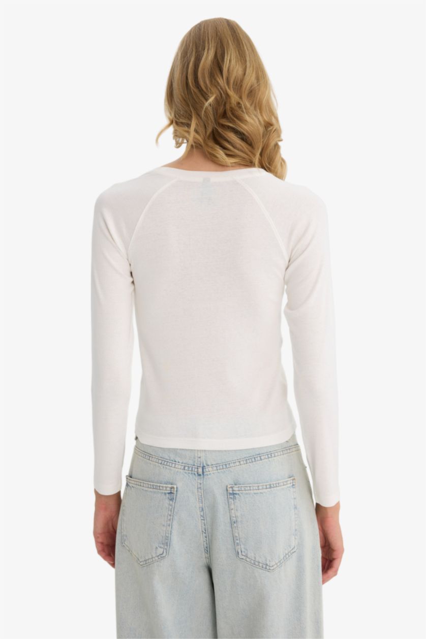 Әйелдерге экру Обтягивающая футболка slim-fit с круглым вырезом и длинными рукавами из рубчика