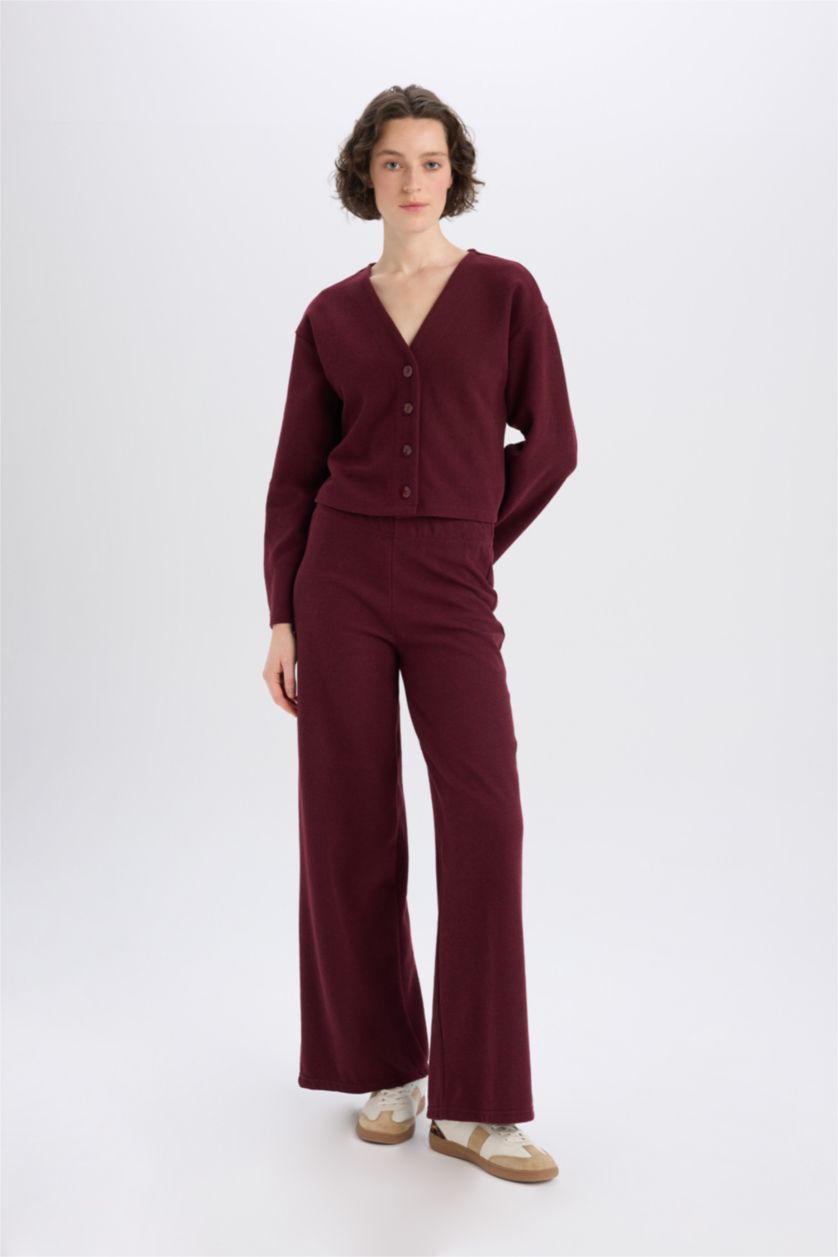 Kadın Bordo 2'li Takım V Yaka Düğmeli Hırka Beli Lastikli Geniş Paça Pantolon