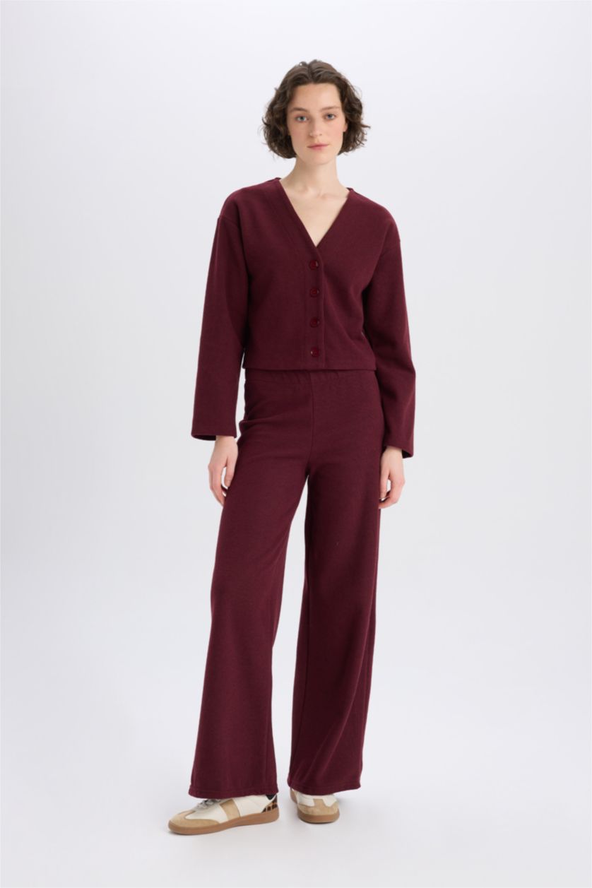 Kadın Bordo 2'li Takım V Yaka Düğmeli Hırka Beli Lastikli Geniş Paça Pantolon