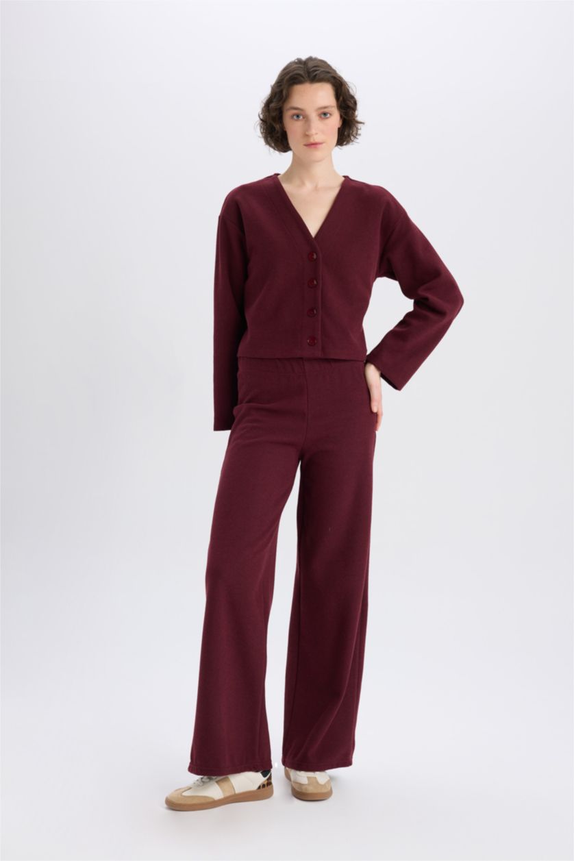 Kadın Bordo 2'li Takım V Yaka Düğmeli Hırka Beli Lastikli Geniş Paça Pantolon
