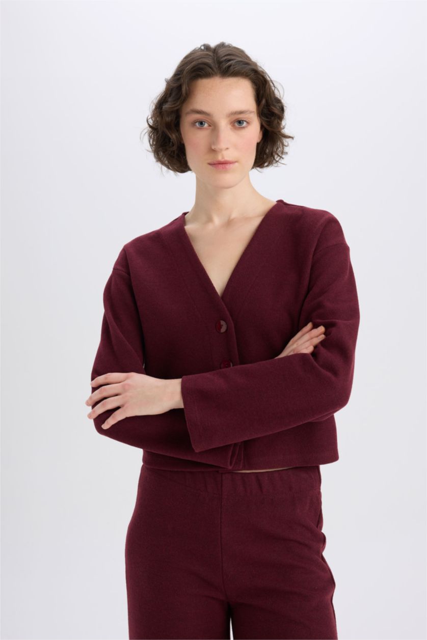 Kadın Bordo 2'li Takım V Yaka Düğmeli Hırka Beli Lastikli Geniş Paça Pantolon