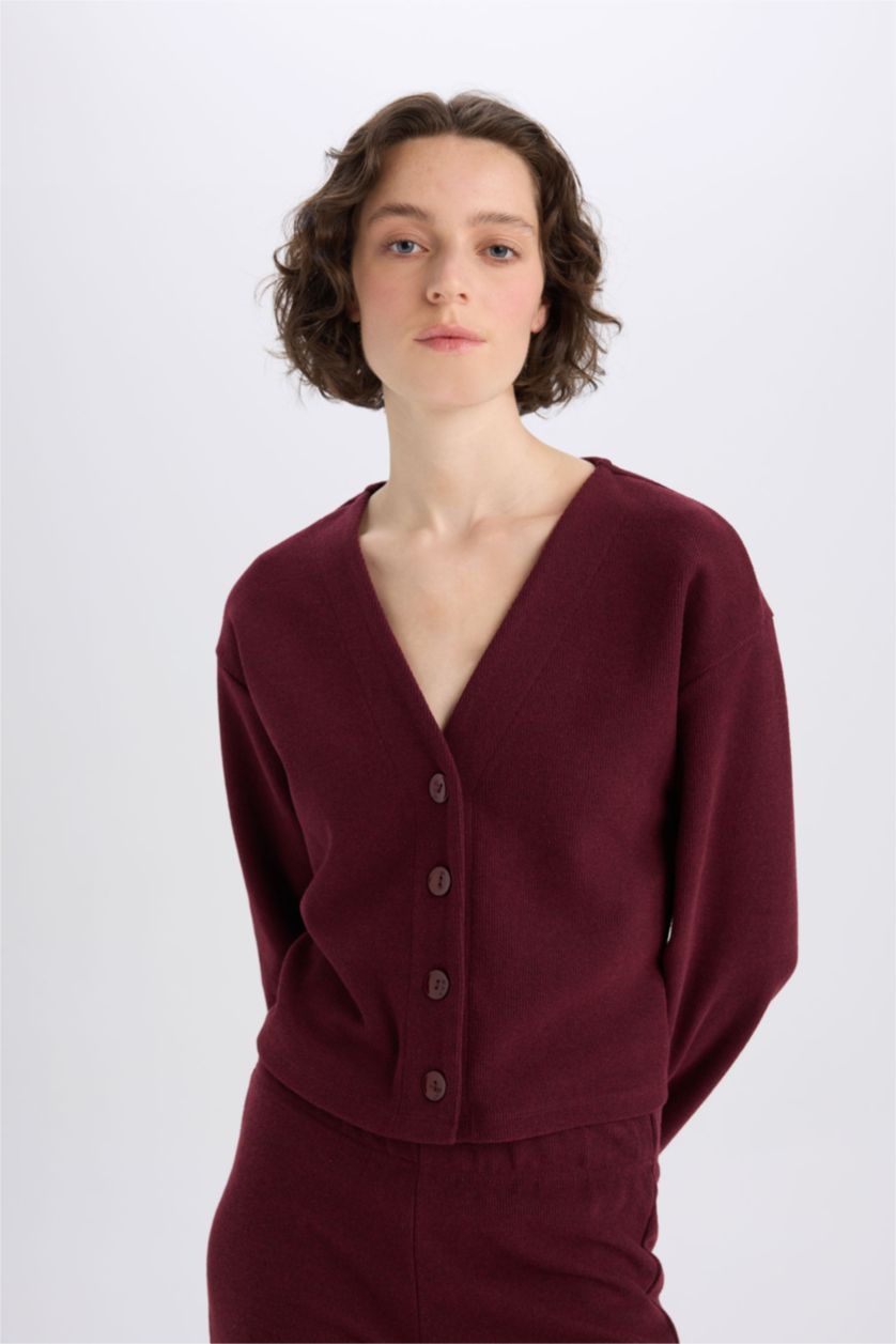 Kadın Bordo 2'li Takım V Yaka Düğmeli Hırka Beli Lastikli Geniş Paça Pantolon