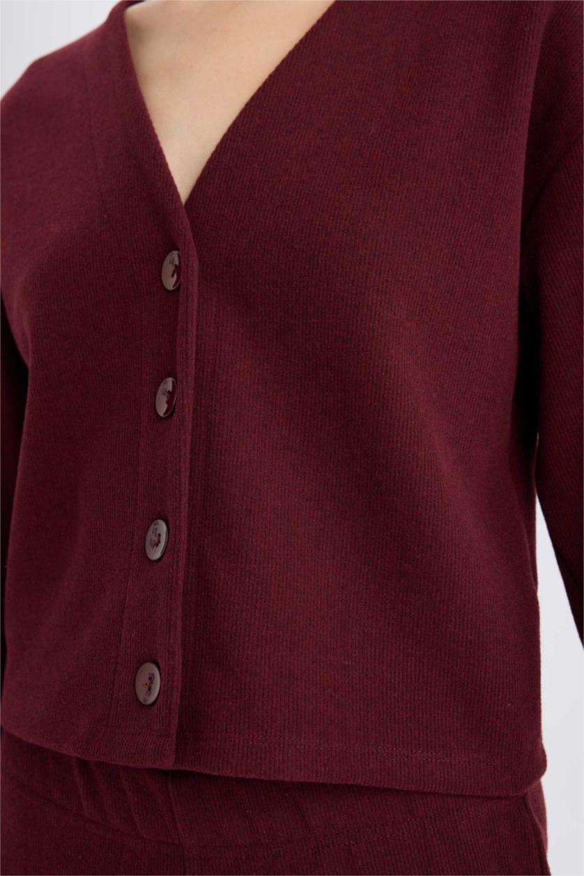 Kadın Bordo 2'li Takım V Yaka Düğmeli Hırka Beli Lastikli Geniş Paça Pantolon