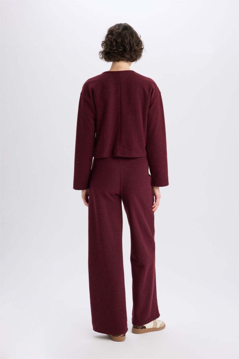 Kadın Bordo 2'li Takım V Yaka Düğmeli Hırka Beli Lastikli Geniş Paça Pantolon