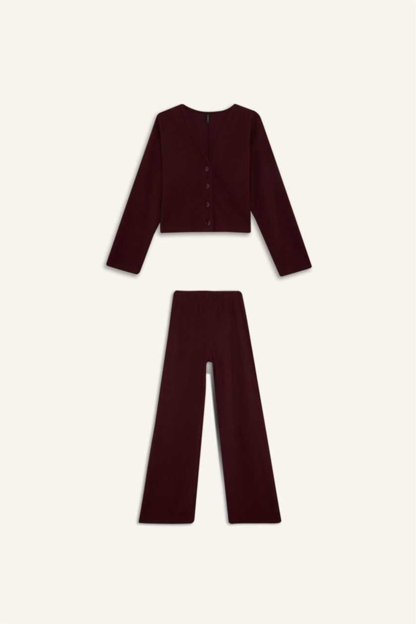 Kadın Bordo 2'li Takım V Yaka Düğmeli Hırka Beli Lastikli Geniş Paça Pantolon