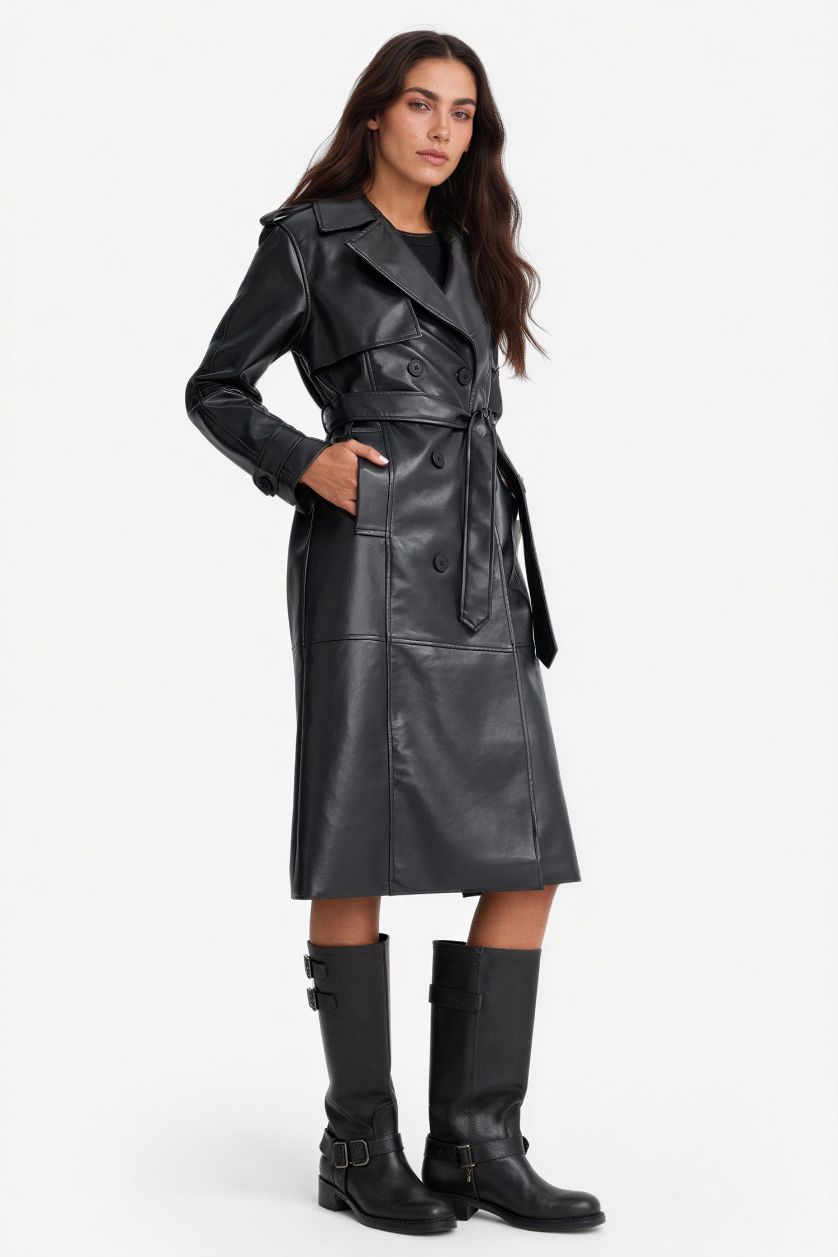 Kadın Siyah Regular Fit Suni Deri Düğmeli Cepli Uzun Trençkot 