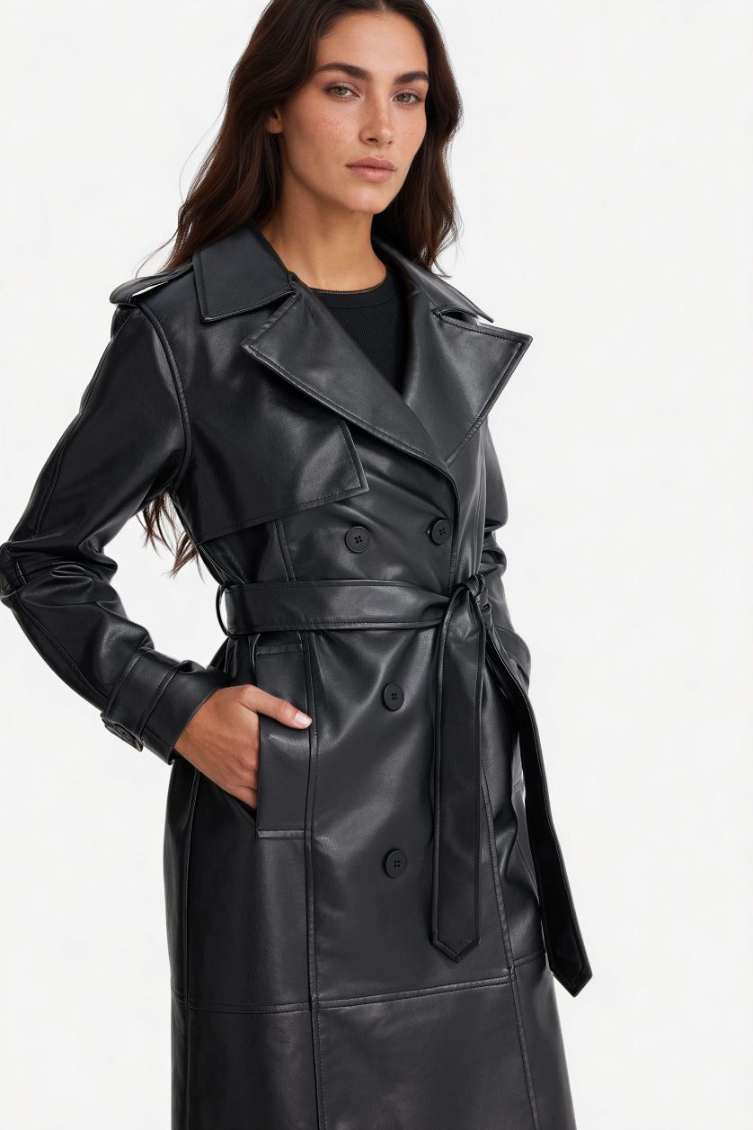 Kadın Siyah Regular Fit Suni Deri Düğmeli Cepli Uzun Trençkot 