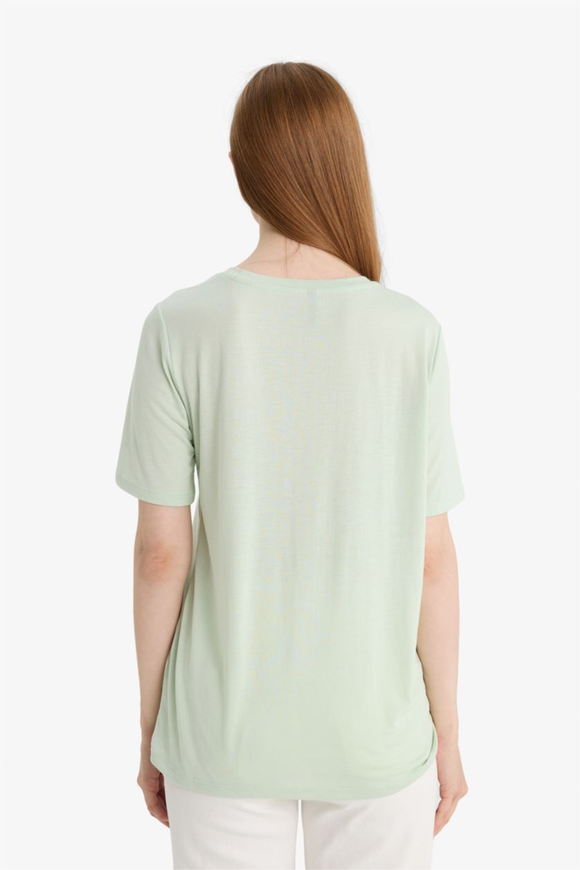 نساء نعناعي فاتح تيشيرت نص كم مطبوع قصة عادية برقبة مستديرة