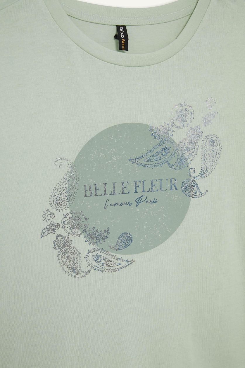 نساء نعناعي فاتح تيشيرت نص كم مطبوع قصة عادية برقبة مستديرة