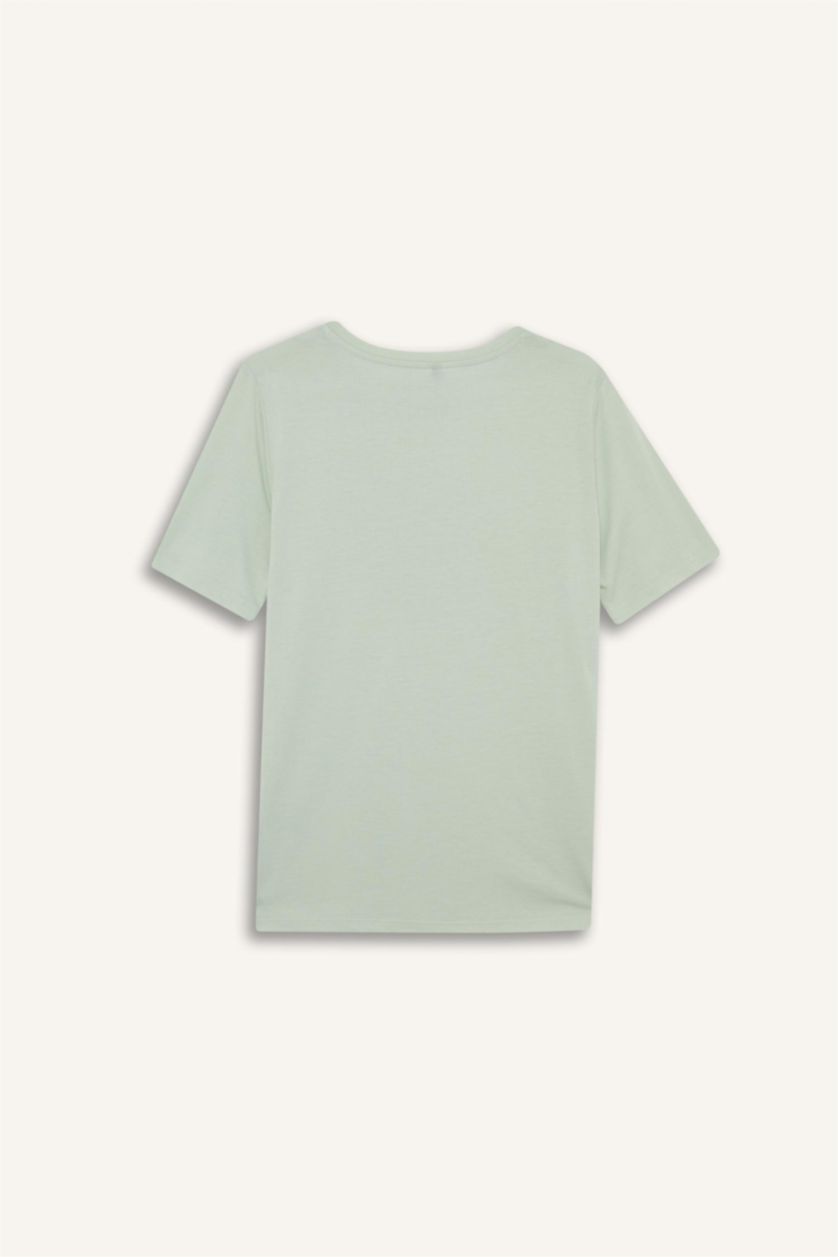 نساء نعناعي فاتح تيشيرت نص كم مطبوع قصة عادية برقبة مستديرة