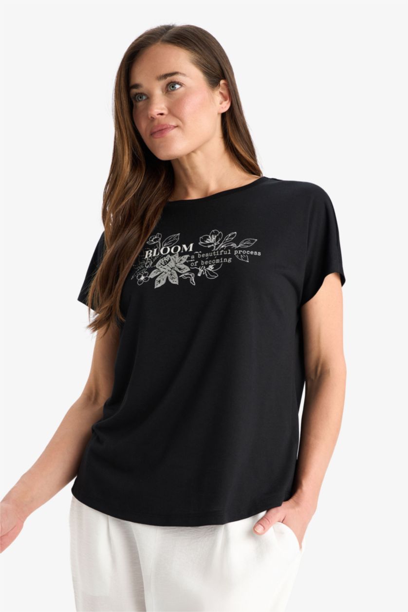 FEMME Noir T-shirt fleuri à col rond et manches courtes