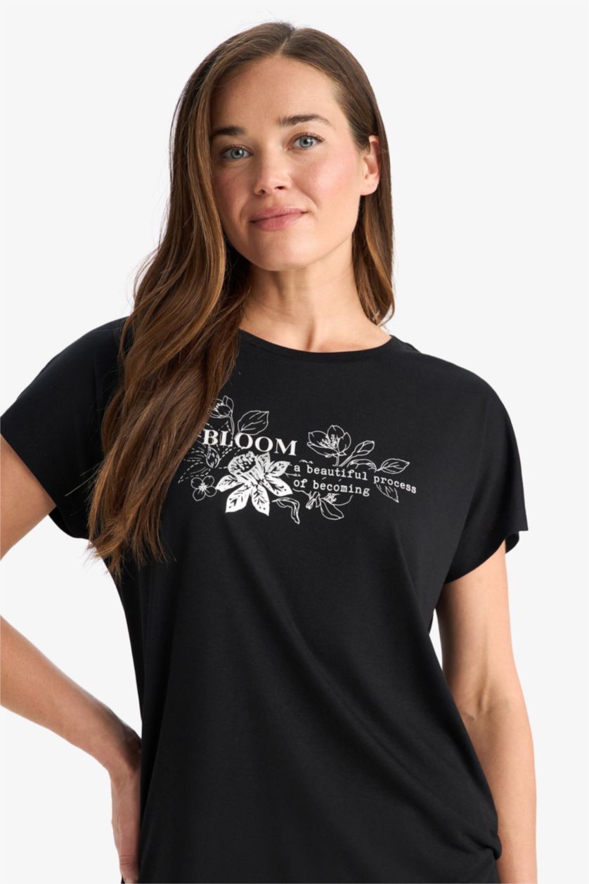 FEMME Noir T-shirt fleuri à col rond et manches courtes