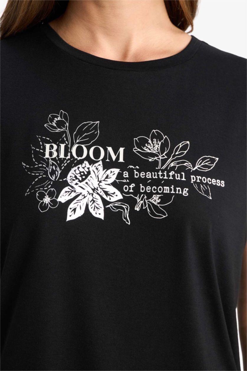FEMME Noir T-shirt fleuri à col rond et manches courtes