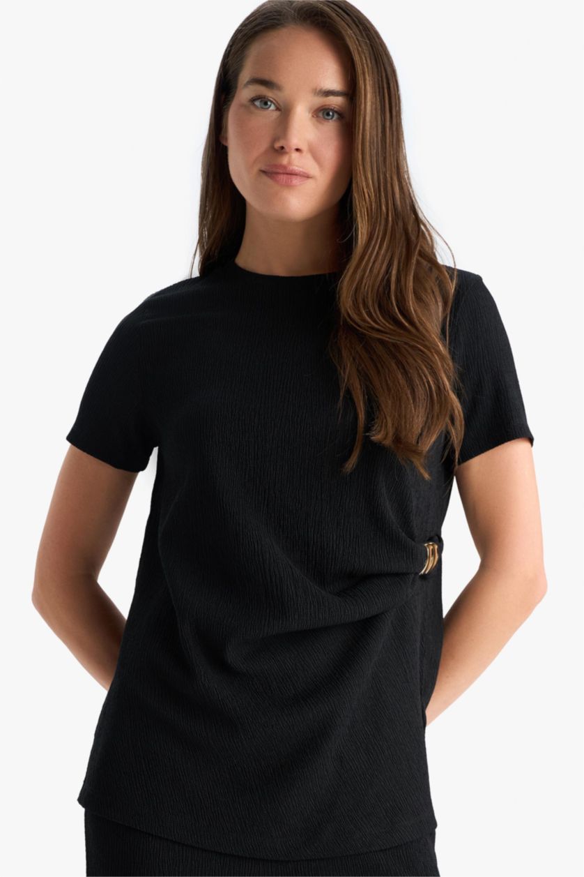 Женщины Черный Обычный крой, круглый вырез, футболка с коротким рукавом