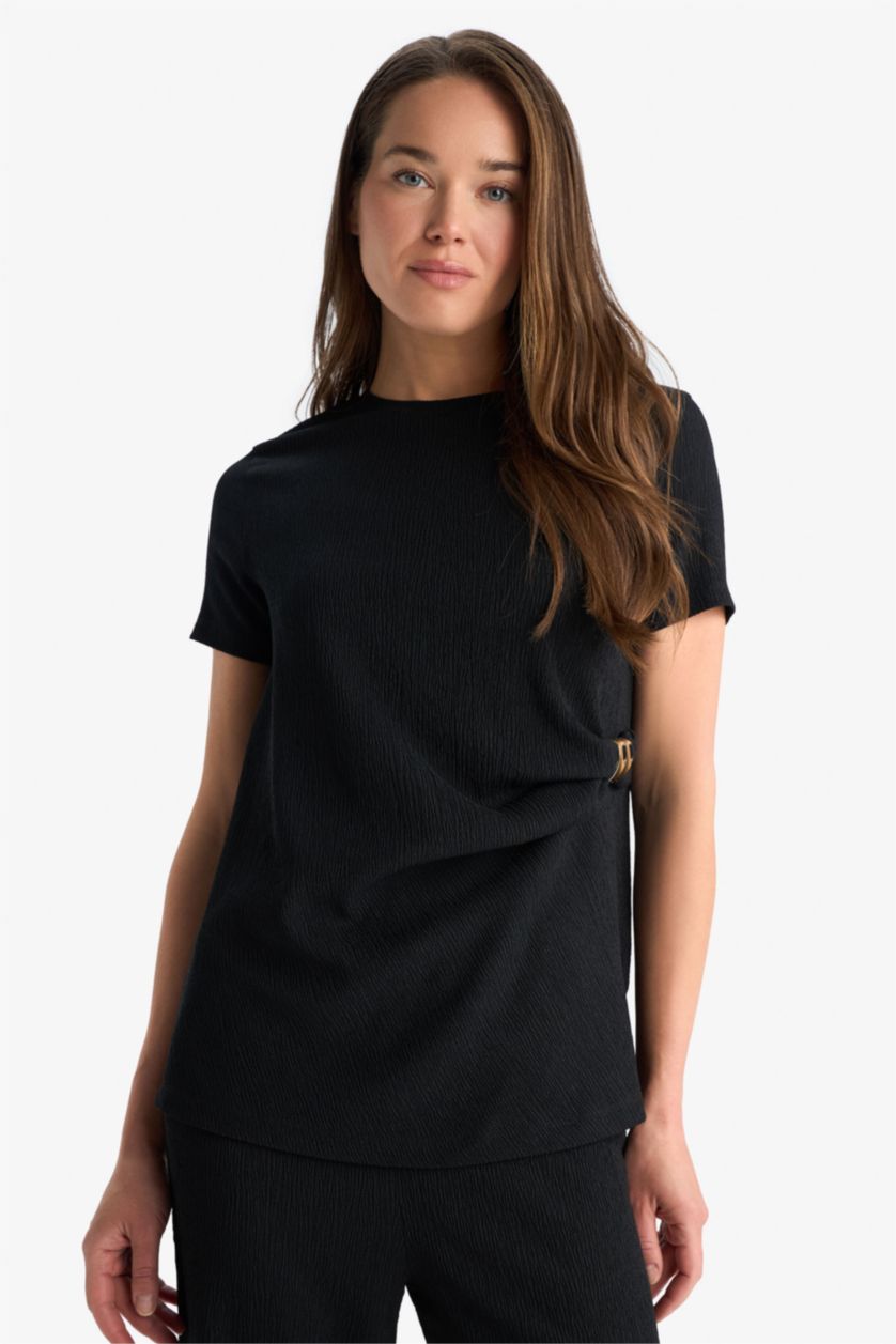 Женщины Черный Обычный крой, круглый вырез, футболка с коротким рукавом