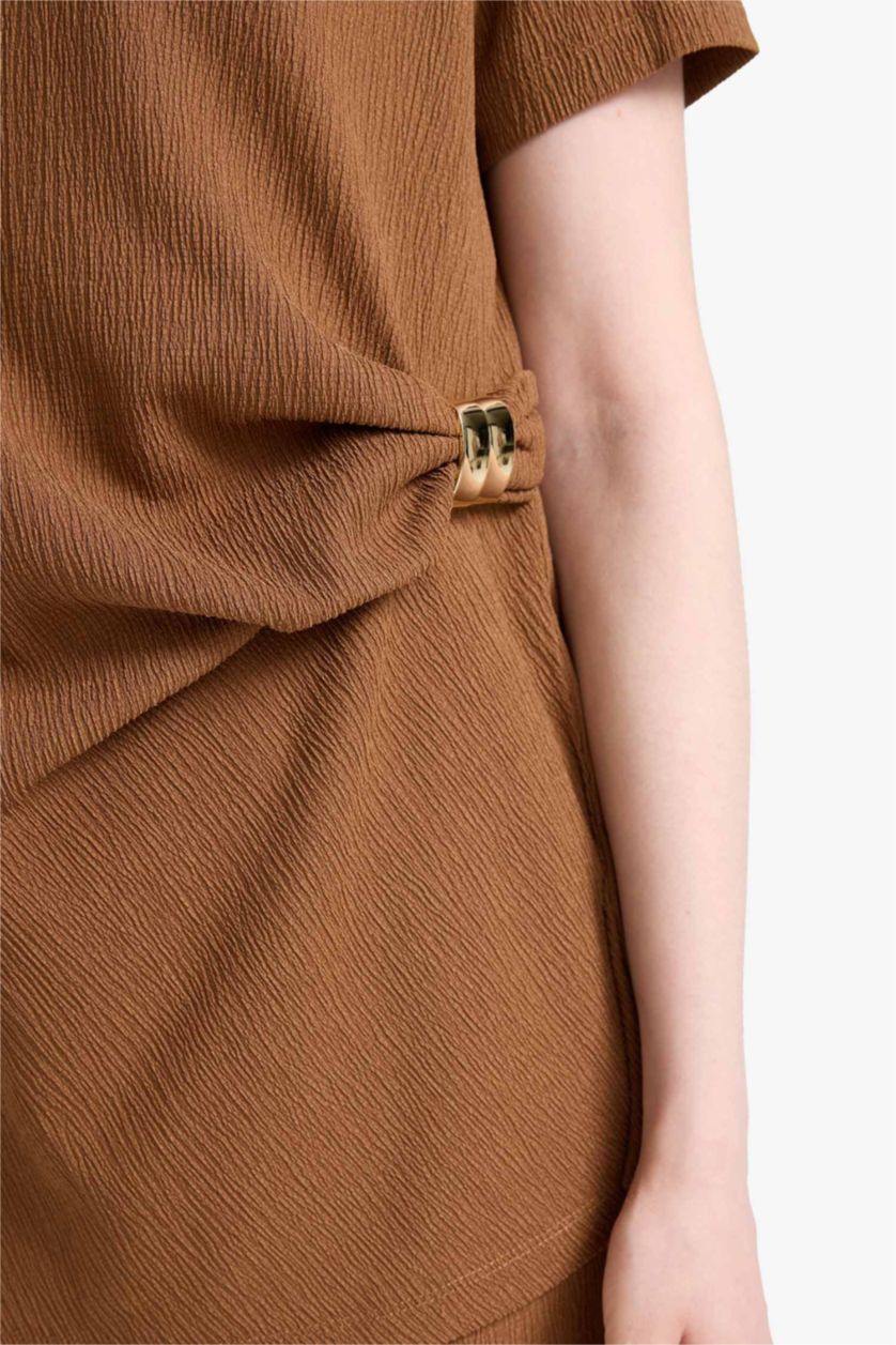 نساء لون الأقرفة Regular Fit Crew Neck Short Sleeve Waffle T-Shirt