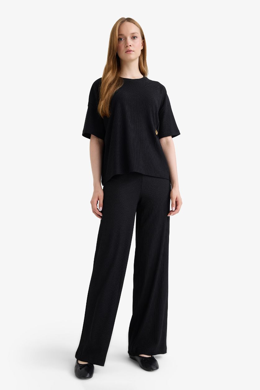 حريمي أسود بنطلون منسوج قصة مستقيمة