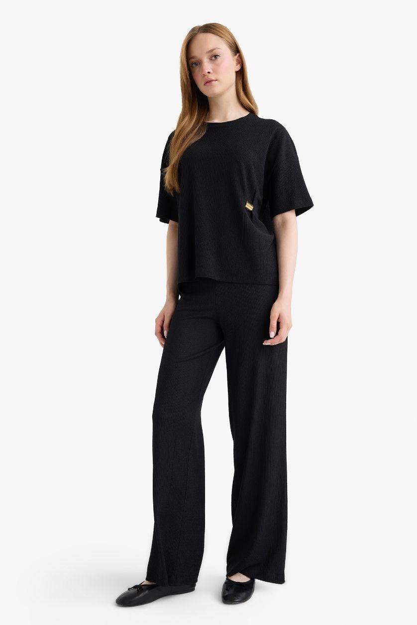 WOMAN Black Regular Fit Crew Neck Crepe T-Shirt